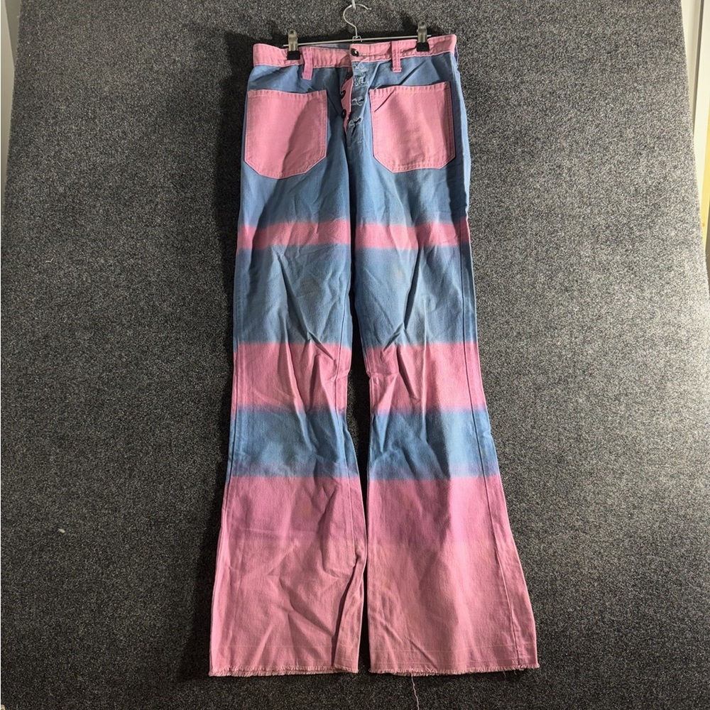 Vintage 1970s Women’s 28 Striped Pink Blue Bell Bottom Jeans Disco Indie Button